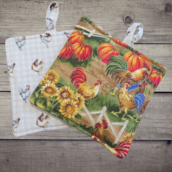 Handmade Potholder, Set of 2, Reversible Fall Pumpkins Roosters and Chickens - Picture 5 of 6